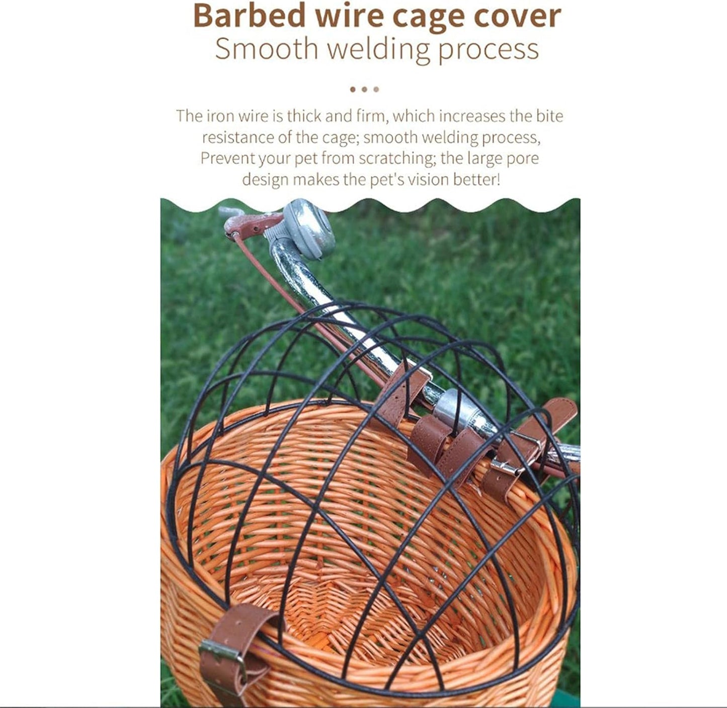 Wicker Bike Basket for Small Dogs Cats Pet Carrier Front Basket with Wire Mesh Cover (Honey Color)
