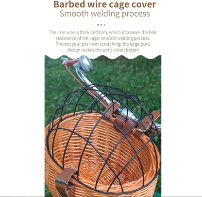 Wicker Bike Basket for Small Dogs Cats Pet Carrier Front Basket with Wire Mesh Cover (Honey Color)