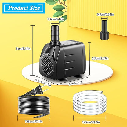 Submersible Pump, Small Fountain Pump with Tubing, Submersible Water Pump for Aquarium Fish Tank Indoor or Outdoor Pond Fountain Hydroponics Statuary (10W 160GPH, No Led Light)
