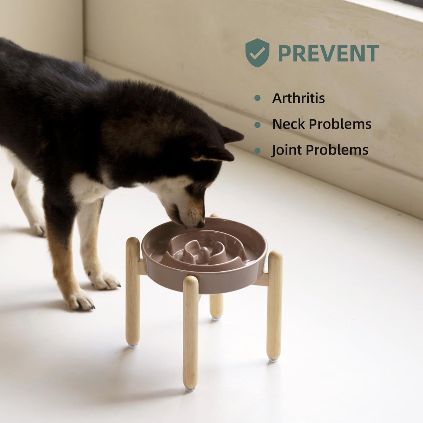 Ceramic 1.6 Cup Raised Slow Feeder Dog Bowl Set, Elevated Wooden Stand for Medium and Large Dog, 8.2inch Puzzle Slow Dish, Anti-Gulping(Brown Coffee, Single Bowl+ Stand)