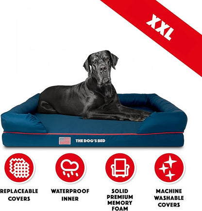 The Dog’s Bed, XXL Blue Oxford with Red Trim USA Flag Dog Bed, Memory Foam, Pain Relief: Arthritis, Post Surgery, Lameness, Supportive, Calming, Waterproof Washable Cover