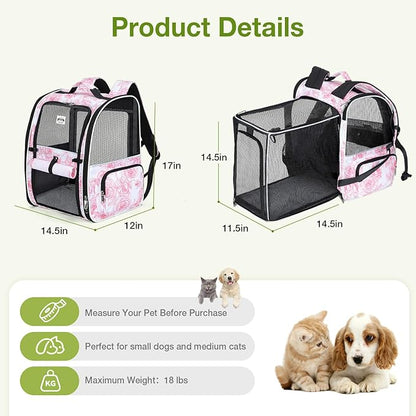 Lekebobor Large Cat Backpack Carrier Expandable Pet Carrier Backpack for Small Dogs Medium Cats Fit Up to 18 Lbs,Dogs Foldable Puppy Backpack Carrier for Travel, Hiking,Pink Flowers Pattern