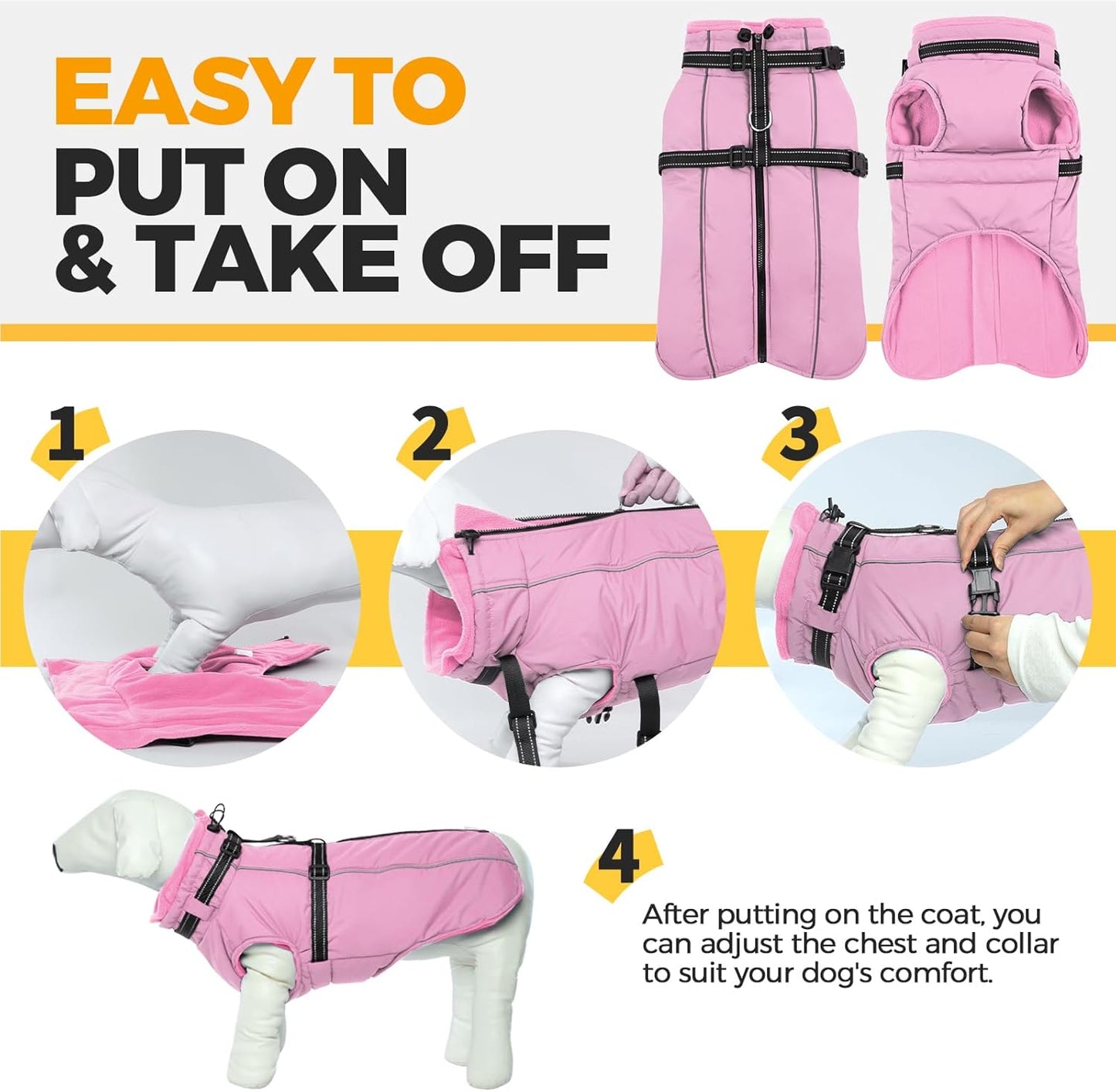 Lelepet Dog Coat with Harness Built in, Waterproof Dog Jacket for Large Dogs Reflective Winter Jacket with Zip Warm Cold Weather Coats for Dogs, Cozy Turtleneck Pet Snowsuit, Great Dane, Pink, 3XL