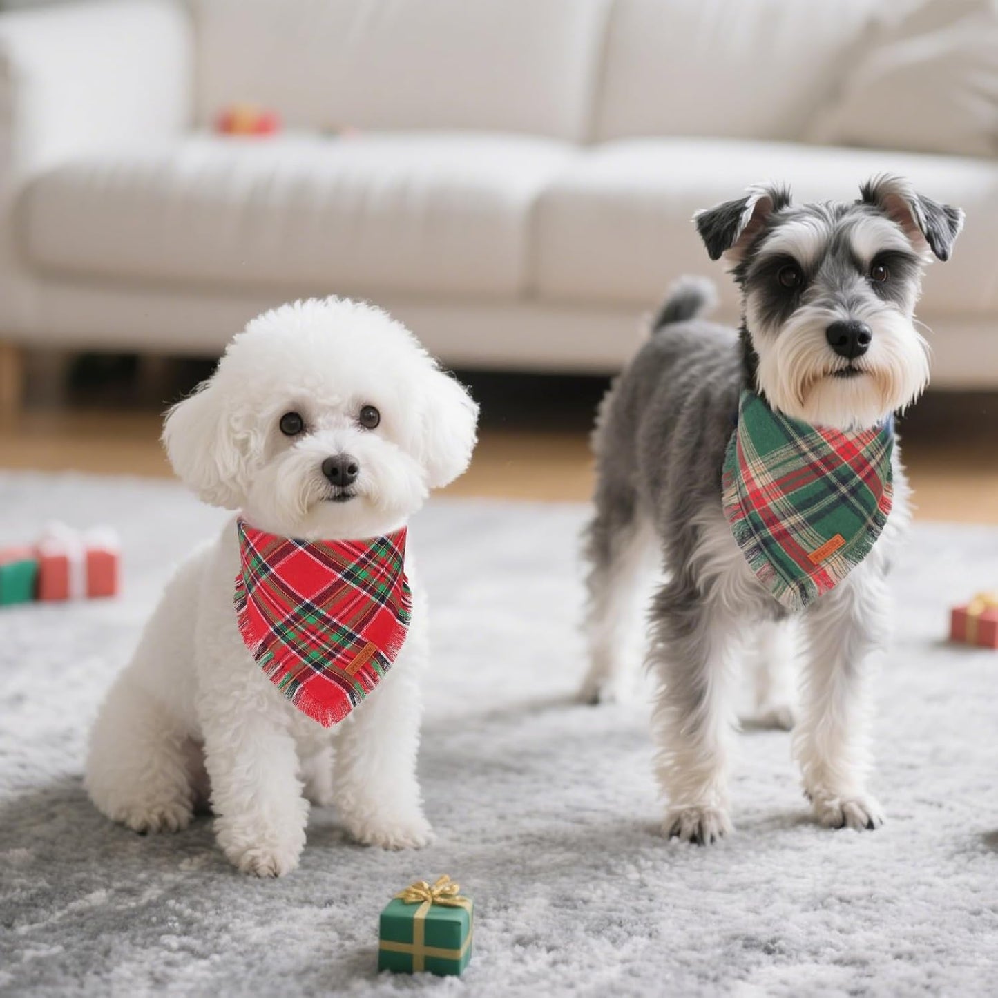 PTDECOR Christmas Dog Bandanas with Tassels Edges, 2 Pack Red Green Plaid Scarf Bib, Reversible Triangle Xmas Bandanas for Small Dogs Puppies Cats(Small)