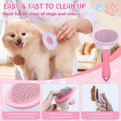 Dog Brush & Grooming Kit – 9-Piece Pet Brush & Deshedding Set for Shedding, Bathing, Trimming & Nail Care | Grooming Tools for Dogs & Cats, Includes Comb, Nail Clipper, Scissors, Slicker Brush (Pink)