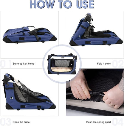 Large Cat Carrier, Collapsible Dog Travel Crate Portable Soft-Sided Pet Carrier with Super Soft Warm Plush Mat for Indoor and Outdoor 24x16x16in,Navy Blue