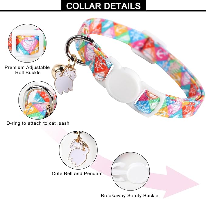 Unique style paws 2 Pack Kitten Collar Breakaway with Bell & Pendant, Adjustable Safety Cat Cotton Collars for Girl Boy Cats and Small Pets