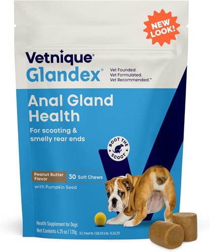 Vetnique Glandex Anal Gland Soft Chew Treats with Pumpkin for Dogs Digestive Enzymes, Probiotics Fiber Supplement for Dogs Boot The Scoot (30ct, Peanut Butter Chews)