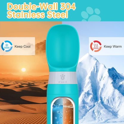 Portable Dog Water Bottle, Stainless Steel 14 OZ Leak Proof Puppy Water Dispenser with Drinking Feeder for Pets Travel, Walking, Hiking and Outdoor Activities