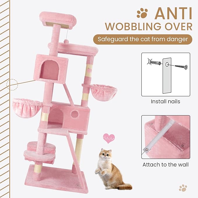SHA CERLIN 65in Larger Cat Tree Tower Condo for Indoor Kitties/Multi-Level Furniture Activity Center with Wide Base/Cozy Plush Cat Perches/Baskets/Sisal Scratching Posts and Hammock/Pink