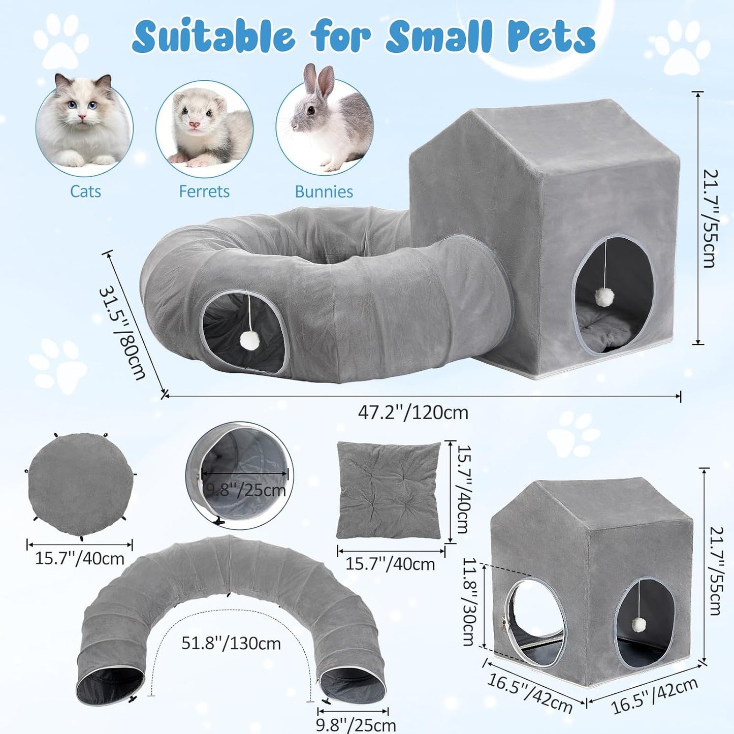 Pawaboo Cat Tunnel Bed, Cat Donut Tube with Square Kitten House, Soft Plush Cats Cave Tunnels with Washable Cushions, Foldable Kitten Bed Hideout with Fluffy Balls for Indoor Cats Rabbit Ferret, Gray