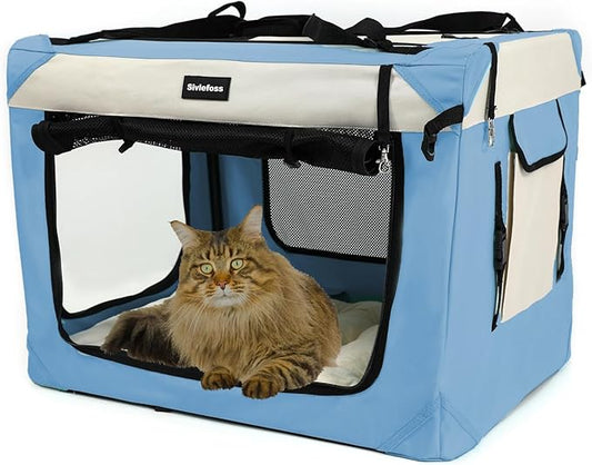 Large Cat Carrier Collapsible Travel Dog Crate Portable Soft-Sided Pet Kennel with Super Soft Warm Plush Pillow for Indoor and Outdoor 24x16x16in,Sky Blue