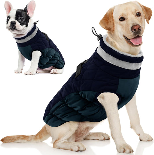 AOFITEE Dog Coat, Warm Dog Winter Coat, Reflective Turtleneck Large Dogs Jacket with Harness Built in, Turtleneck Pet Winter Jacket, Waterproof Pet Snow Jackets Fleece Vest, Navy XL