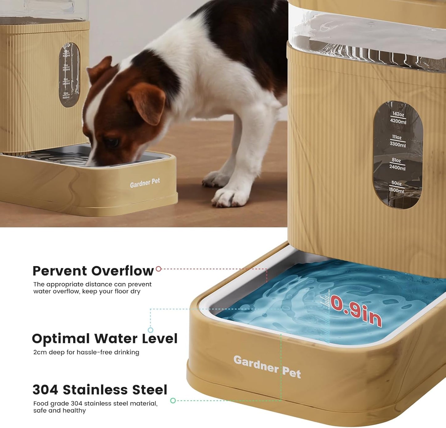 Gardner Pet Automatic Dog Water Dispenser Gravity Waterer with Stainless Steel Bowl Water Dispenser 6.5L Large Capacity Water Feeder with Filters for Dogs Cats Pets, BPA-Free Noise-Free (Brown, 6.5L)