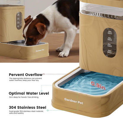 Gardner Pet Automatic Dog Water Dispenser Gravity Waterer with Stainless Steel Bowl Water Dispenser 6.5L Large Capacity Water Feeder with Filters for Dogs Cats Pets, BPA-Free Noise-Free (Brown, 6.5L)
