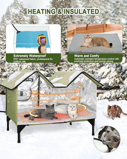 Extra Large Heated Cat House for Outside, Elevated Waterproof Outdoor Cat House Weatherproof for Winter, Insulated Outdoor Cat Shelter with Escape Doors and Heating Pad for Multiple Cats, Green