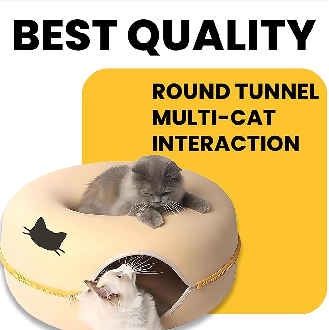 Laluz 2021 Large Cat Tunnel Bed for Multiple & Large Cats Up to 30 Lbs with 2 Toys, Scratch Resistant, Comfy Donut, Detachable & Washable Cat Donut Tunnel Bed (Beige)