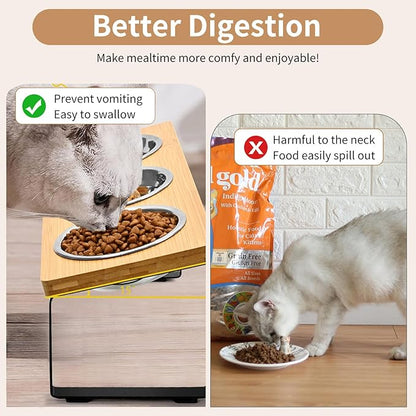 Raised Cat Food Water Bowl，Small Dog 15 ° Tilted Elevated Food Feeding Tray with Three Stainless Steel Bowls to Protect The Spine of Cats and Dogs from Vomiting (Wood Color) (3 Bowls)