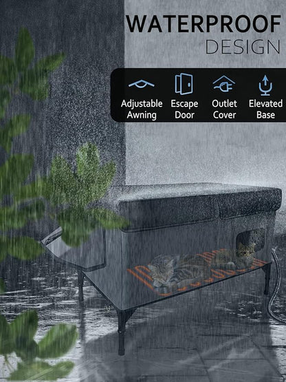 Heated Cat House for Outside Insulated in Winter,Fully Waterproof,with Adjustable Awning,Escape Door,Indoor Outdoor Cat Shelter for Feral Stray Barn Cat to Stay Warm&Dry,Black/Gray,Extra Large