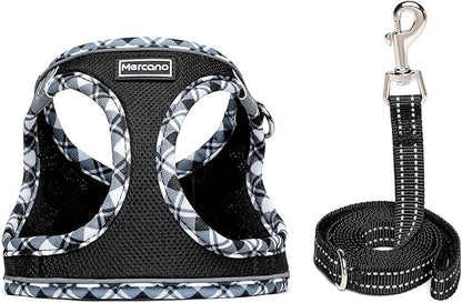 Mercano Soft Mesh Dog Harness and Leash Set, No-Chock Step-in Reflective Breathable Lightweight Escape Proof Vest Harnesses with Safety Buckle for Small Dogs, Cats (Black White, M)