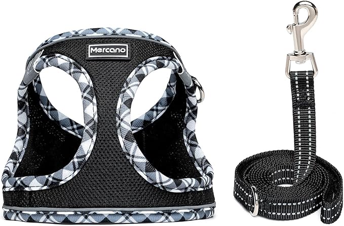 Mercano Soft Mesh Dog Harness and Leash Set, No-Chock Step-in Reflective Breathable Lightweight Easy Walk Vest Harnesses with Safety Buckle for Small Dogs, Cats (Black White, L)