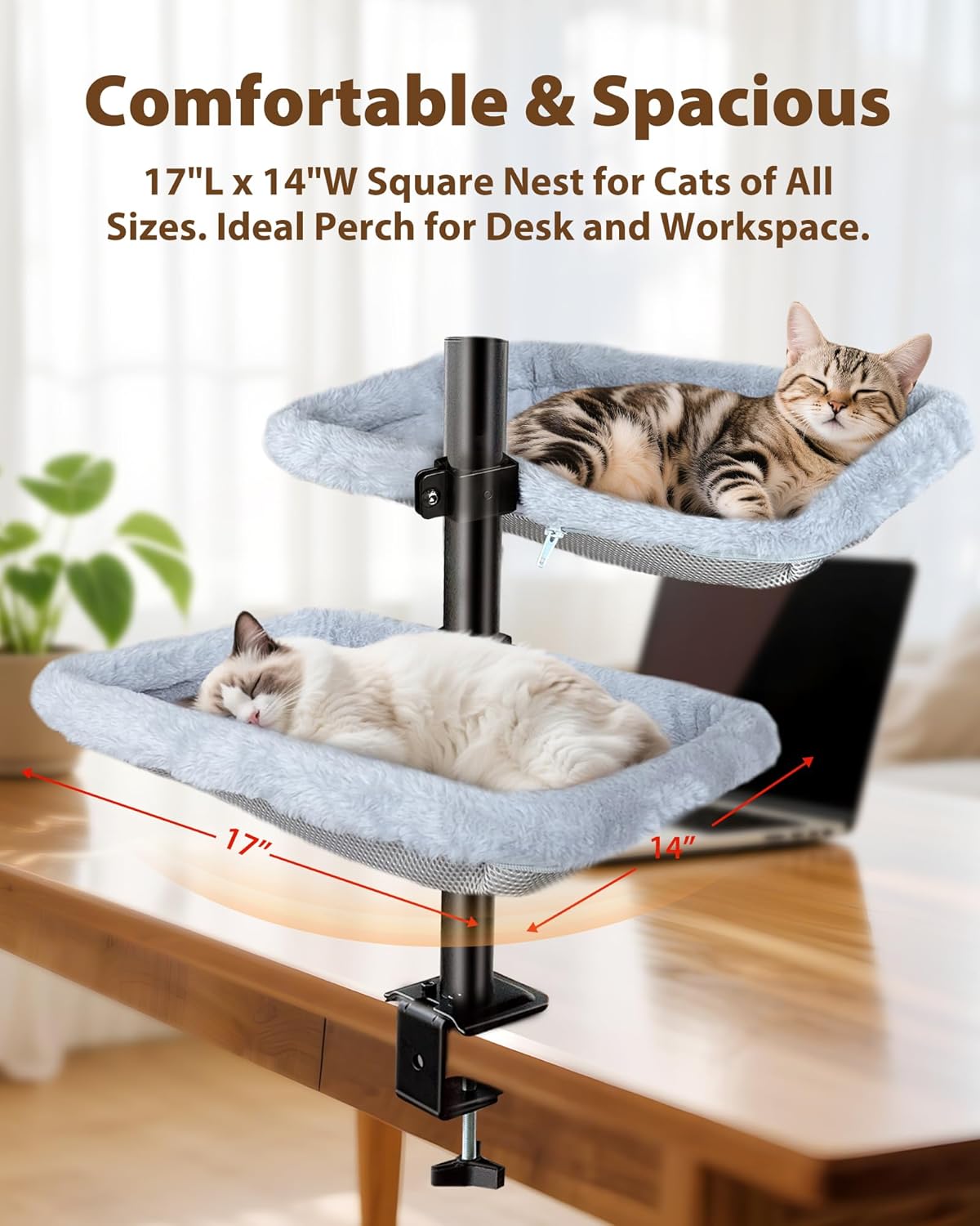 L&W BROS. Double Layer Cat Desk Bed – Adjustable Desk Nest with Swivel Mounts, Metal Frame, 45LB/Layer, Washable Covers, for Multi-Cat Homes