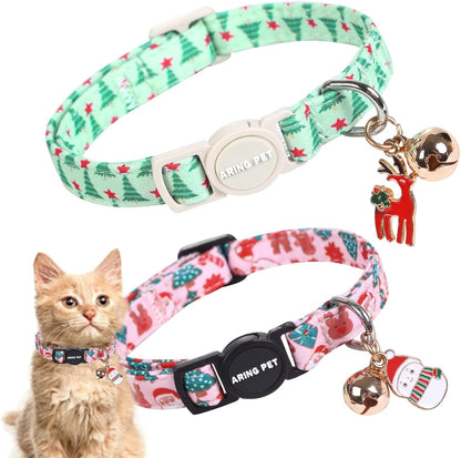 ARING PET 2 Pack Cat Collar, Christmas Breakaway Kitten Small Collars with Bells for Girl Boy Cats-Pink Reindeer Santa Claus & Green Xmas Tree