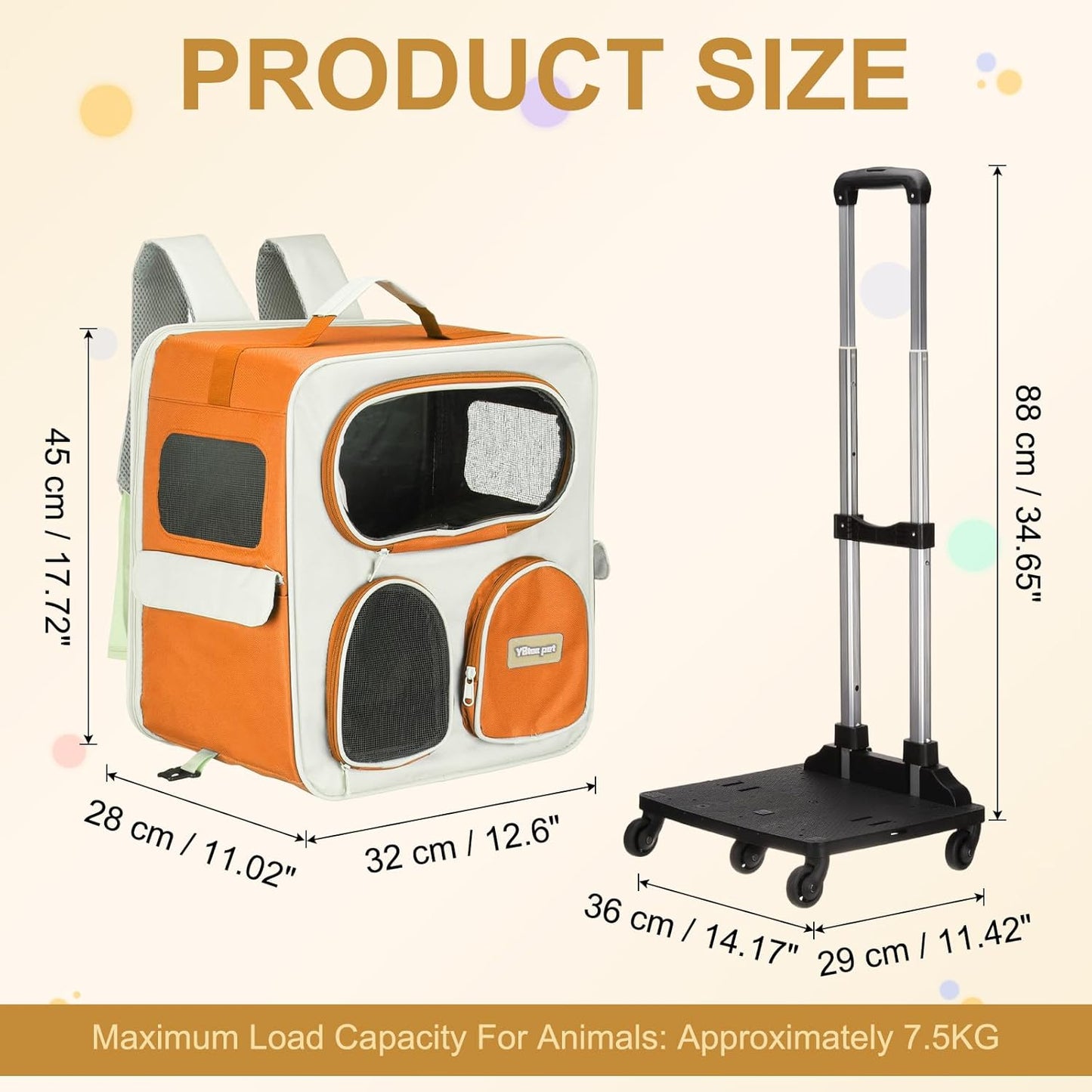 Pet Backpack Carrier, Portable and Ventilated, Nylon Dogs Cats and Small Animal Travel Bag 14.17", (Orange, 1 Pcs), Intended for Hiking/Camping/Traveling