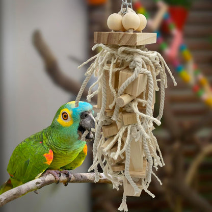 Bird Block Knots Tearing Toy- 17 inch Dye-Free Natural Wooden Parrot Chewing Toy for Medium and Large Parrots, Conures, Cockatiels, African Greys, Cockatoos, Quakers and AmazonParrots
