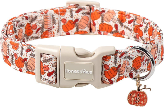 Lionet Paws Fall Dog Collar- Cute Orange Pumpkin White Dog Collars with Plastic Buckle and Pumpkin Pendant,Light Adjustable Dog Collars for Small Dogs