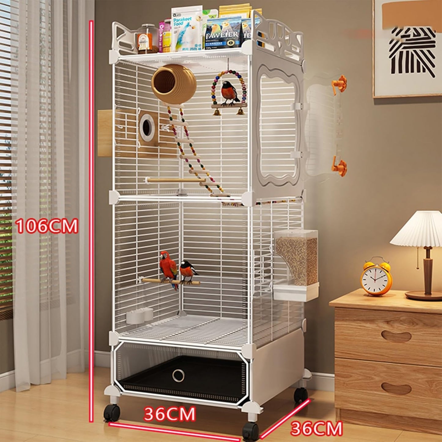 Large Parrot Cage with Acrylic Doors, 4 Casters, Perch & Feeder, Detachable Drawer, Ideal for Cockatiels, Budgies, Conures, Indoor/Outdoor Use – Spacious White Birdcage(White,36 * 36 * 106)