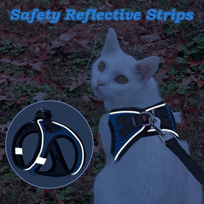 Cat Harness and Leash for Walking Escape Proof, Adjustable Kitten Vest Harness Reflective Soft Mesh Puppy Harness for Outdoor, Comfort Fit, Easy to Control (Blue, M)