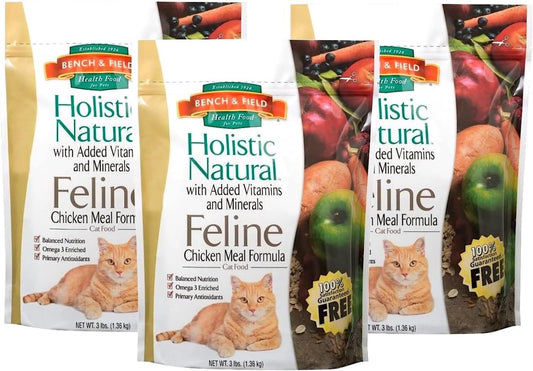 Bench & Field Holistic Natural Premium Adult Dry Cat Food, Chicken Meal and Brown Rice Recipe 3 lb Bags (Pack of 3)