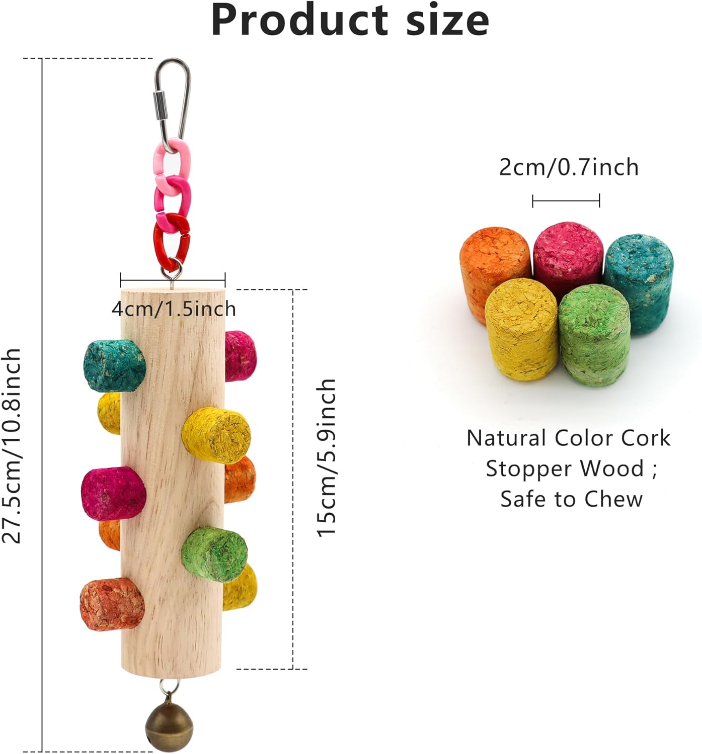 Cylinder Bird Chew Toy, Parrot Cork Stopper Toys Bird Swing Bell Hanging Wooden Puzzle Foraging Toys Small Bird Bite Perch Stand, Small and Medium Parrots (1 Pack-Cylinder Cork Stick)