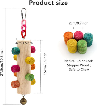 Cylinder Bird Chew Toy, Parrot Cork Stopper Toys Bird Swing Bell Hanging Wooden Puzzle Foraging Toys Small Bird Bite Perch Stand, Small and Medium Parrots (1 Pack-Cylinder Cork Stick)