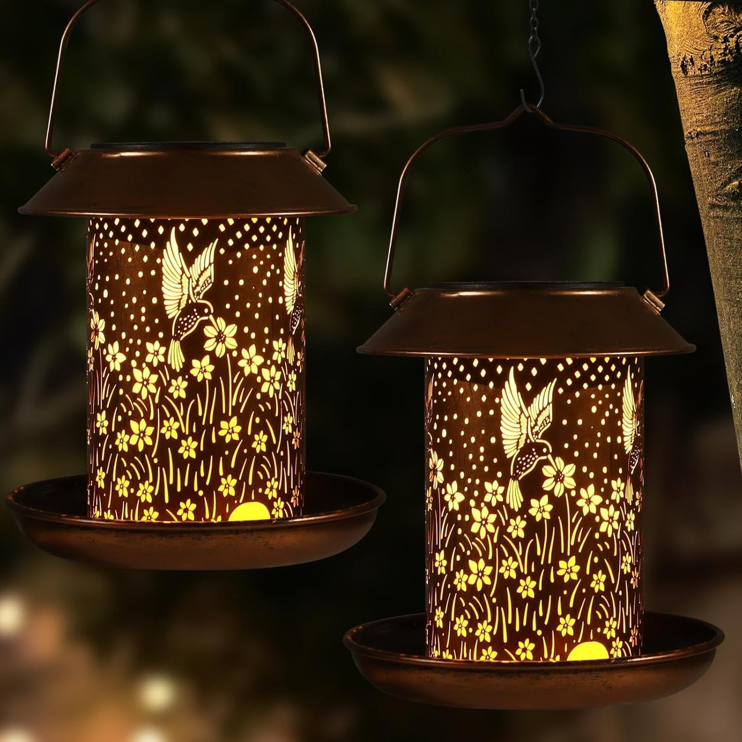 Bird Feeders for Outdoors Hummingbird Solar Lanterns Outdoor Waterproof Garden Decor Gifts for Women Mom Grandma Metal Solar Decoration Outside LED Lanterns for Yard, Patio, Lawn, Pathway(2 Pack)