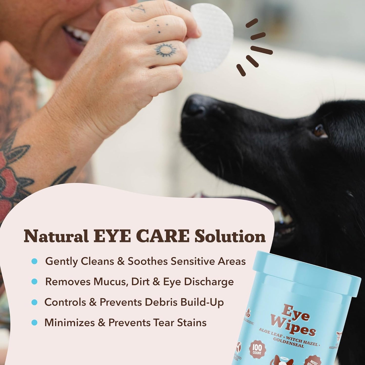 Natural Dog Eye Wipes for Dogs -100 Ct- Soothing Dog Eye Wipes with Natural, Non-Irritating Ingredients Green Tea & Goldenseal, Effective Dog Tear Stain Remover Wipe & Dog Eye Gunk Remover Wipe, Vegan