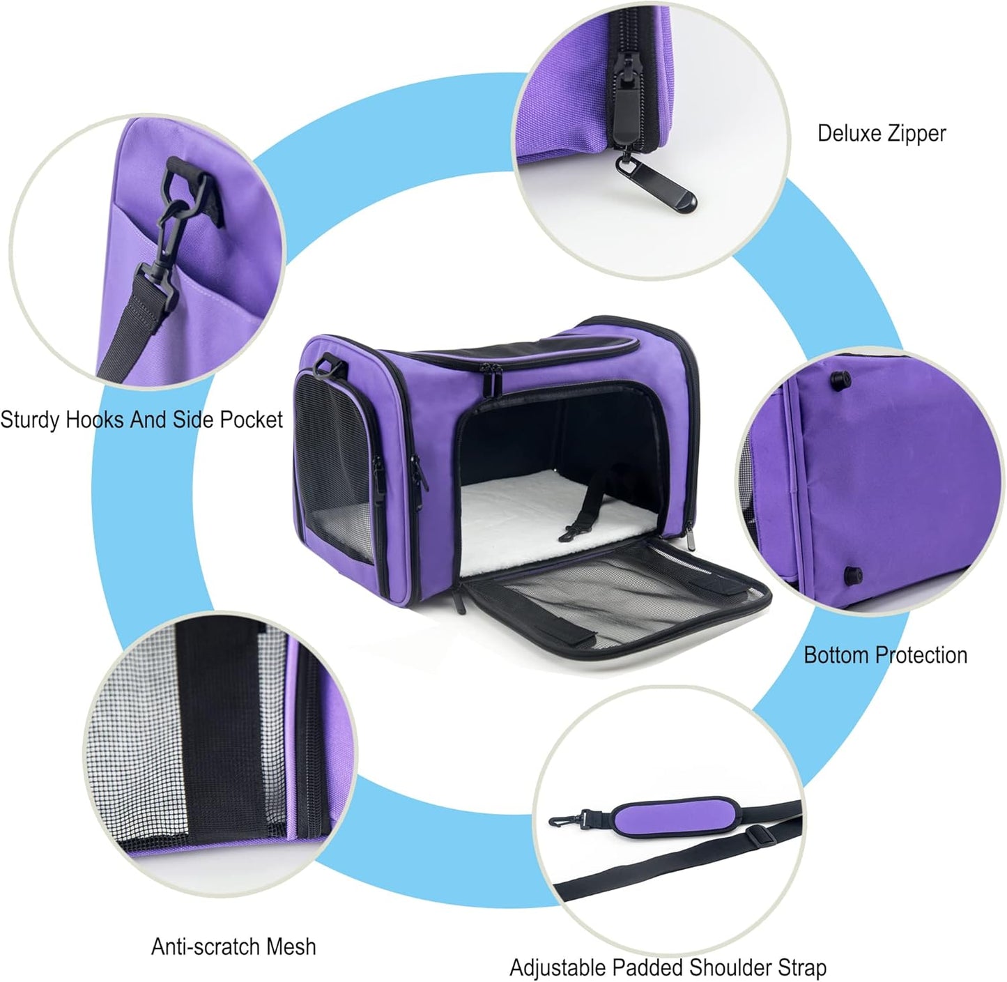 Soft Sided Carrier for Small Medium Cats Dogs,Removable Pad Collapsible Travel Pet Carrier Large Purple