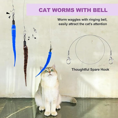 11PCS Cat Wand Toy, Cat Interactive Toys for Indoor Cats, 2 Retractable Cat Wand, 7 Worm Cat Teaser Toys and 1 Plush Fish Cat Toy, Cat Feather Toys for Play Chase Exercise with Kitten, Extra 1 Line