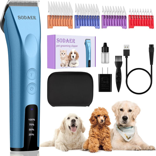 Professional Animal Pet Dog Cat and Horse Cordless Hair Clipper Grooming Kit with 5 in 1 Blade Low Noise & High Power Rechargeable Cordless Pet Grooming Clipper for for Thick Heavy Coats (Blue)