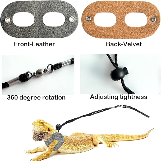 Lizard Adjustable Harness Leash,Bearded Dragon Harness Leash Set for Guinea Pig,Chameleon and Other Small Animal,Outdoor Used (Leather, Grey)