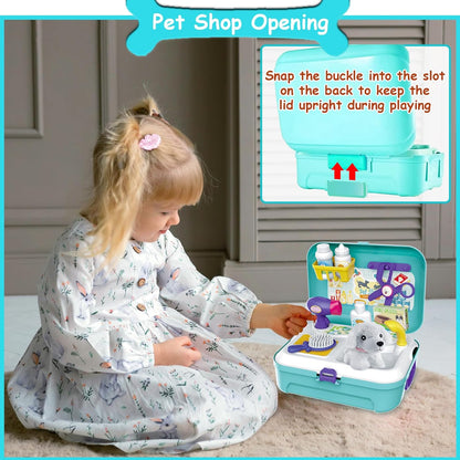 TEUVO Pet Care Play Set Doctor Kit for Kids, 16 Pcs Doctor Pretend Play Vet Dog Grooming Toys Puppy Dog Carrier Feeding Dog Backpack Gifts for Girls Boys 3-7 Years Old