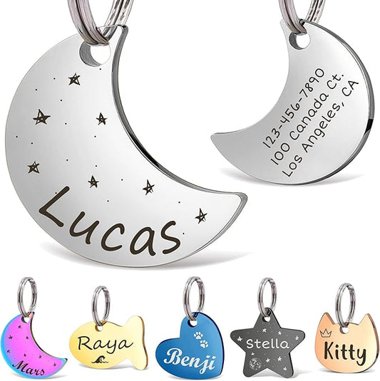 Anavia Small Size Dog Cat ID Tags, Small/XS Personalized Color Plated Stainless Steel Puppy Kitten Name Tags, Customized Engraved Nameplate Pet Collar Tag (Silver, Moon)