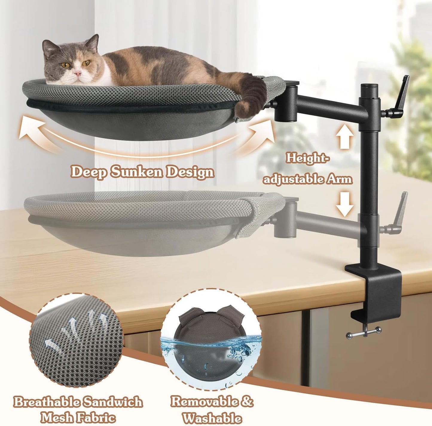 Cat Desk Bed - Sturdy Cat Bed for Desk with 360° Rotating & Adjustable Height, Elevated Cats Nest Perch for Desk, Grey