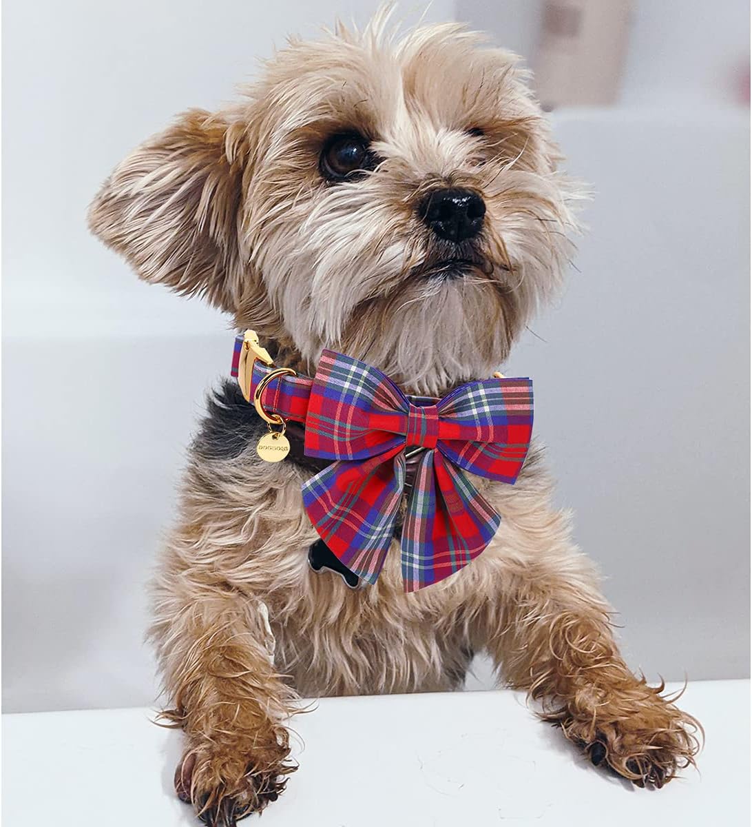 DOGWONG Cotton Dog Collar with Bowtie, Stylish Christmas Red Plaid Dog Collar Adjustable Puppy Necklace for Small and Medium Dogs