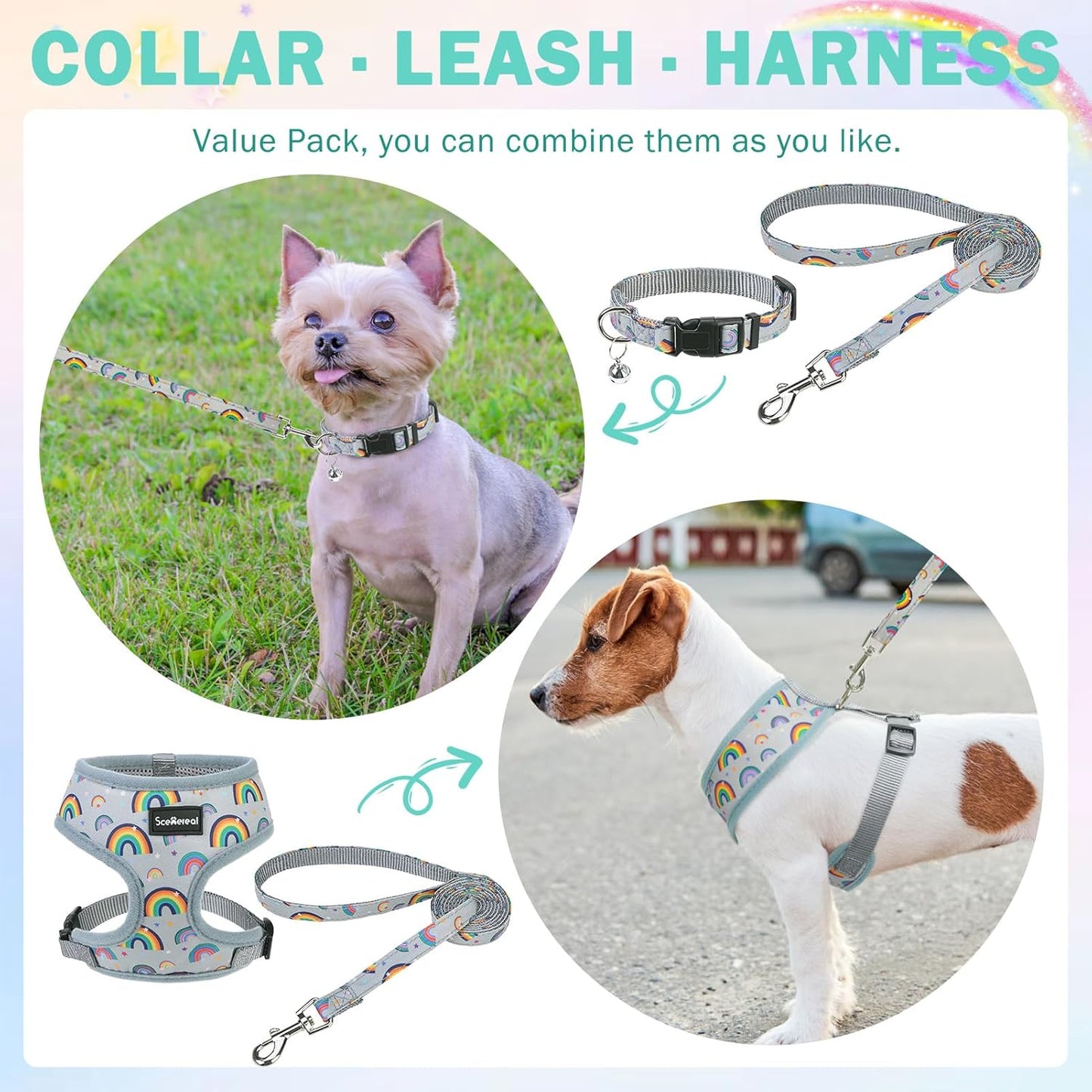 SCENEREAL Small Dog Harness Collar and Leash Set, Adjustable No Pull Pet Harnesses, No Chock Soft Mesh Step in Vest for Doggie Puppy Medium Dogs Cats Girl or Boy,Chihuahua, Yorkie, Outdoor Walking