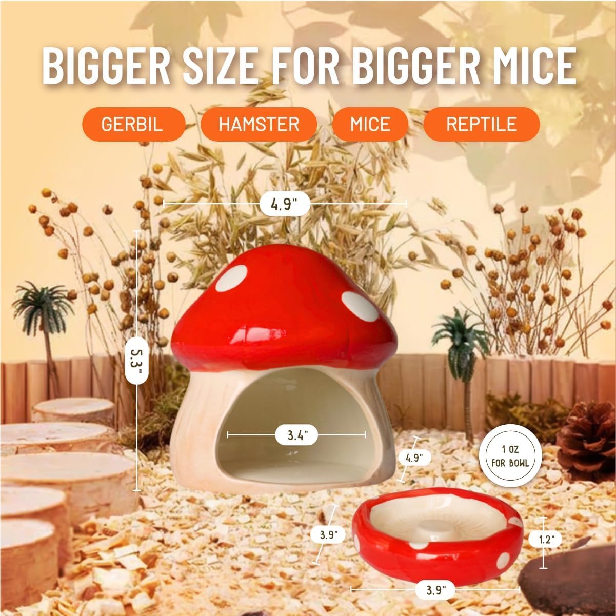 Mushroom Ceramic Hamster Hideout, Food Bowl, Syrian Cage Accessories, Ceramic Larger House and Hideouts, Chew-Proof Decor, Cool Bed Ideal for Syrian Hamster Dwarf Gerbil Mice Golden Bear