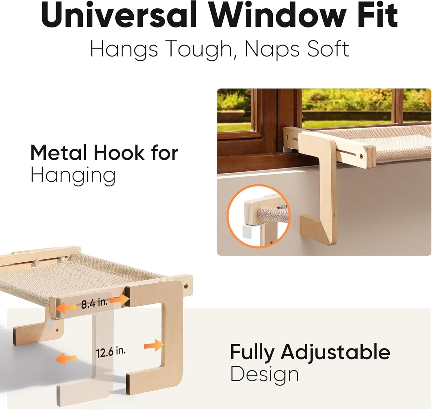 FUKUMARU Cat Window Perch, Transformable Cat Hammock for Windowsill and Floor, Cats Window Bed for Large Cats and Kittens, Reinforced Wood and Metal Frame, Easy to Adjust & Assemble Pet Pech Beds