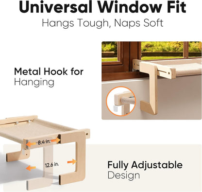 FUKUMARU Cat Window Perch, Transformable Cat Hammock for Windowsill and Floor, Cats Window Bed for Large Cats and Kittens, Reinforced Wood and Metal Frame, Easy to Adjust & Assemble Pet Pech Beds