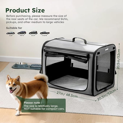 Large Dog Car Carrier Light Weight, 27×20.5×20.5ins Dog Carrier for Cars, Portable Dog Car Crate with Breathable Windows, Stable Pet Carrier for Both Indoor and Outdoor Use, Pet Travel Crate Gray